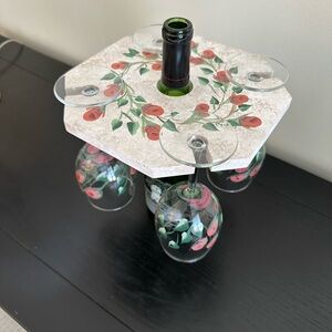 Hand painted wine glasses & holder with reversible top. Elegant and fun